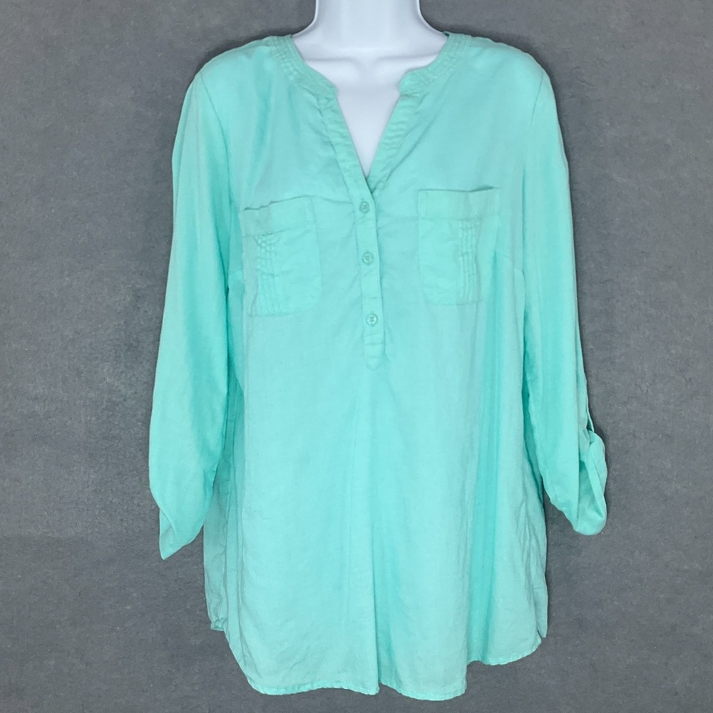 Emily Daniels Womens Mint Green Roll Tab‎ Sleeve Linen Double Pocket Tunic Sz L